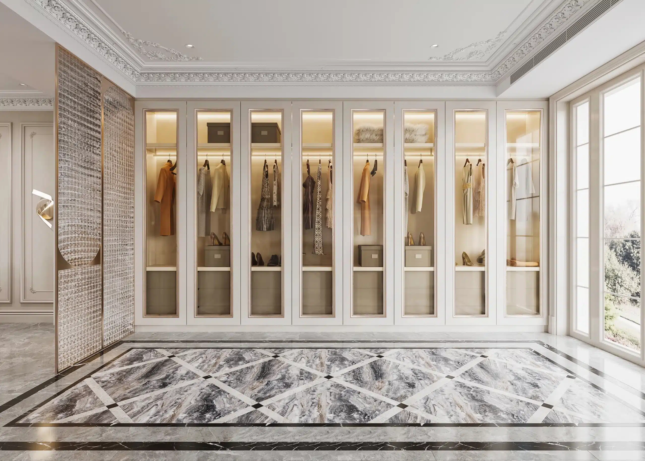 訂製衣櫃內部開放式層架設計，展示奢華飾品與精緻配件"