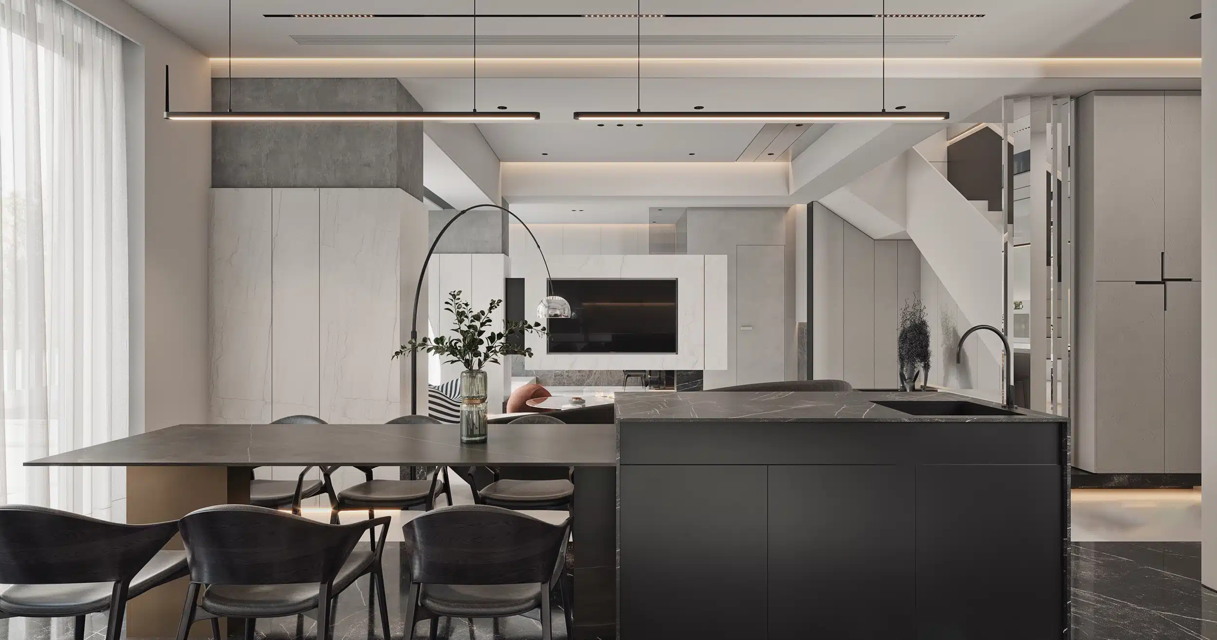 開放式廚房大理石中島設計，具備隱藏式電器收納功能"