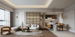 認知室內設計作品集 - 住宅設計案例：新北板橋新建案潤泰文樺，輕奢風客廳設計結合開放式餐廳，簡約的線條搭配上溫柔大氣的白色大理石，展現大氣且溫暖的空間氣息