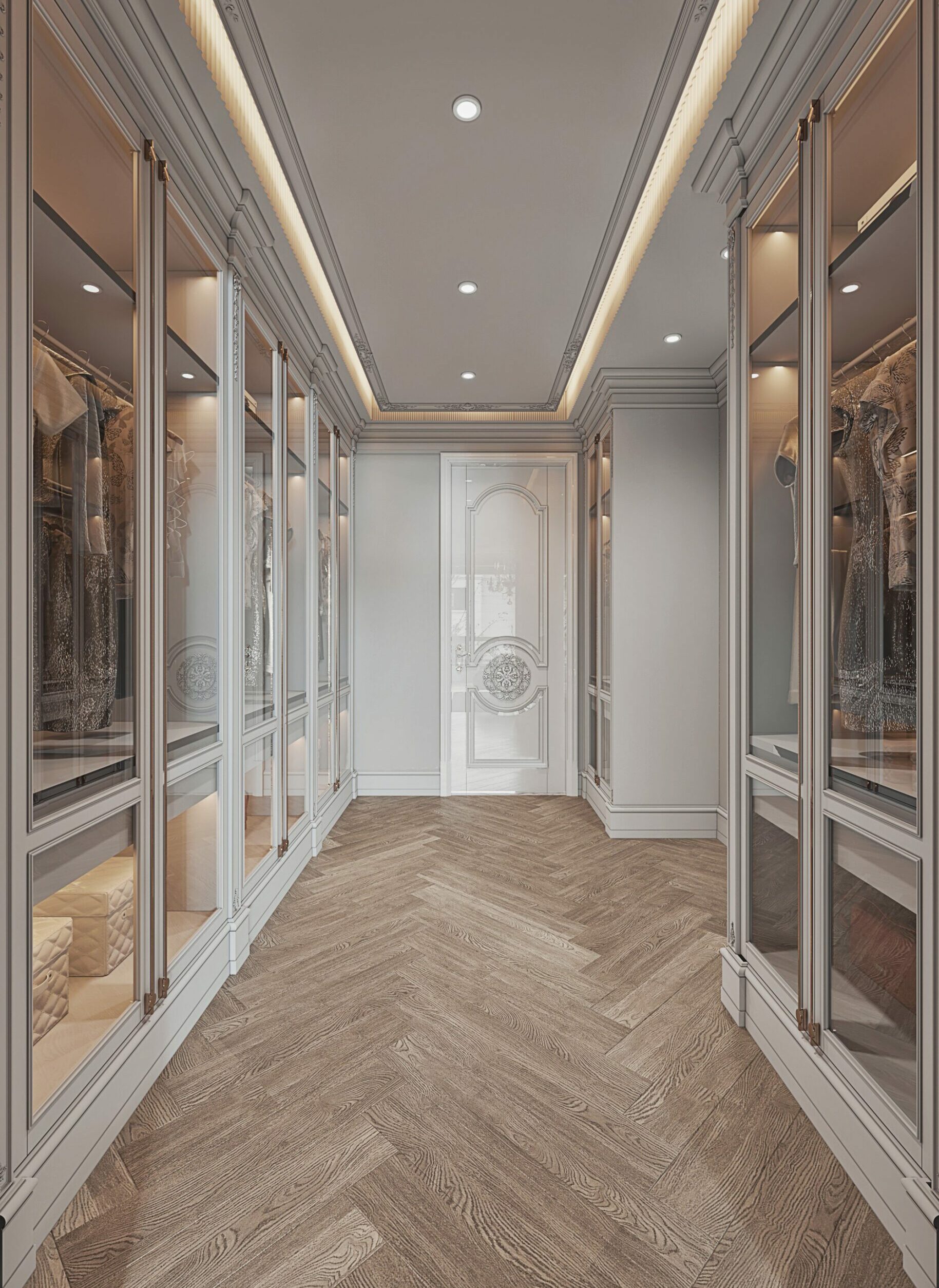 更奢更衣室牆面定制滿牆通頂櫃，以鏡面及長虹玻璃做櫃門