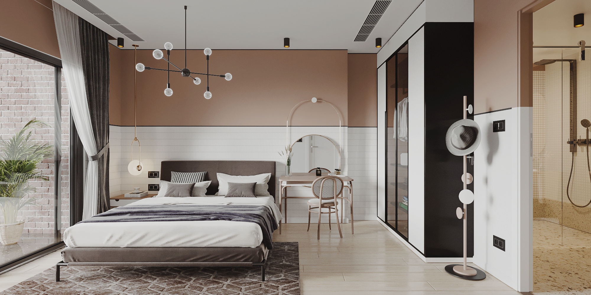 長臥室是很常見的戶型，以沉穩的奢雅顏色、簡潔的線條與材質，渲染出一片安寧之境，低調卻盡是優雅愜意，流露出歲月的寧靜
