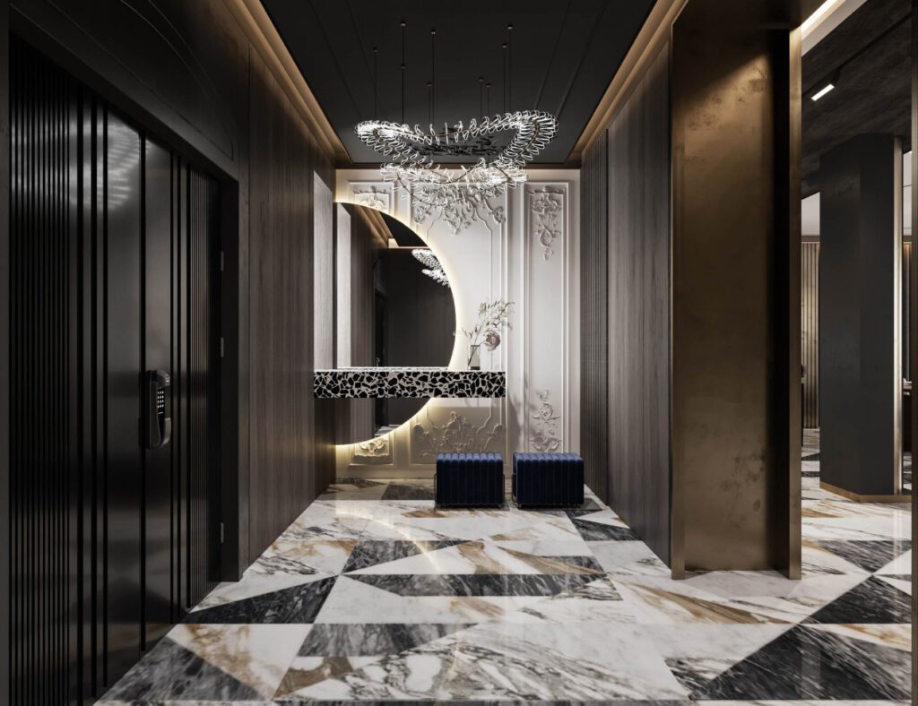 以暗黑色系的玄關設計中，燈光就是更加重要的一環，還輕鬆營造氛圍感