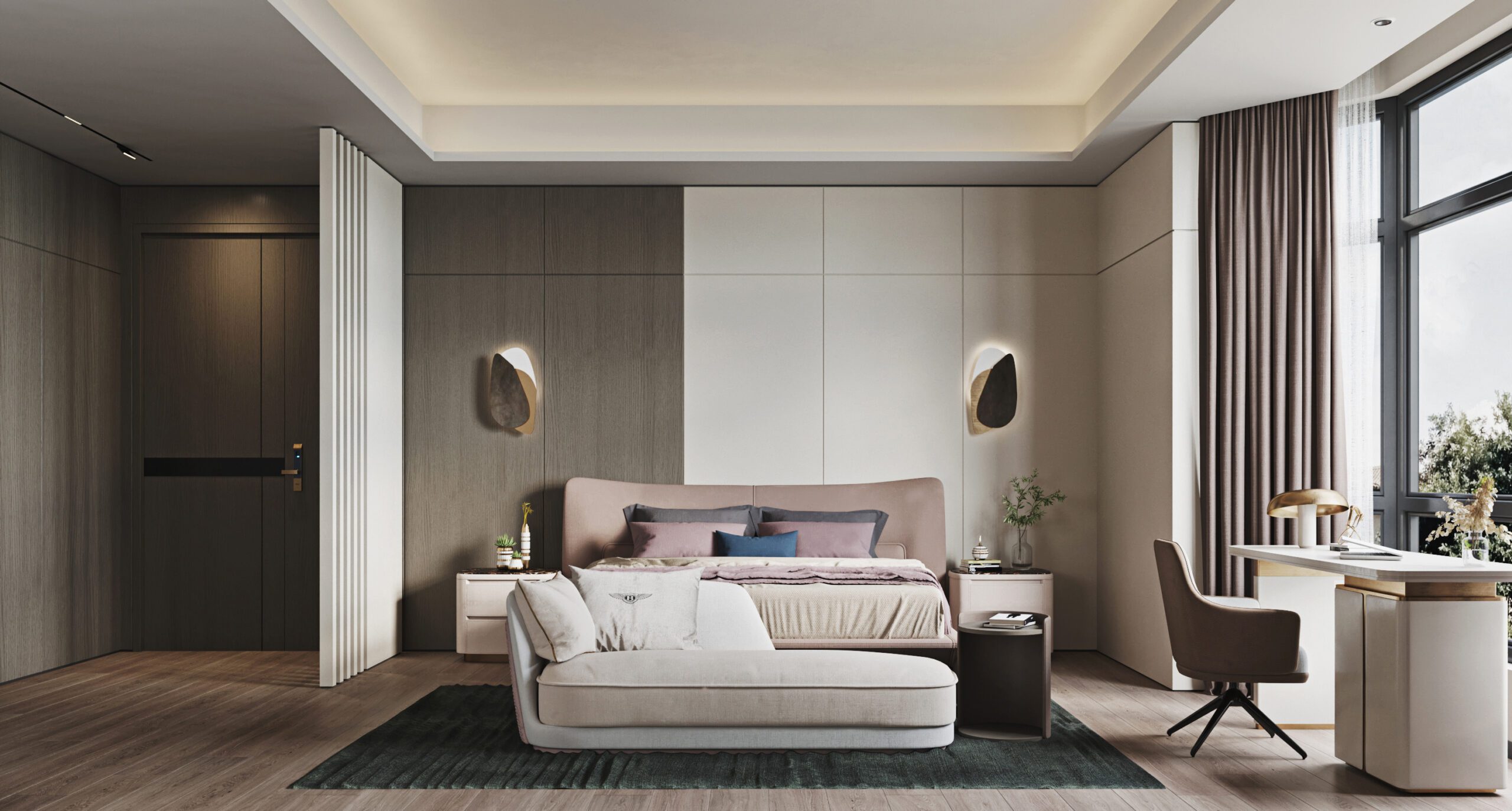 大坪數的主臥室設計，簡約風格的臥室燈光設計以簡單明亮為主，幾何線條勾勒空間，簡單利落的設計，高級感滿滿