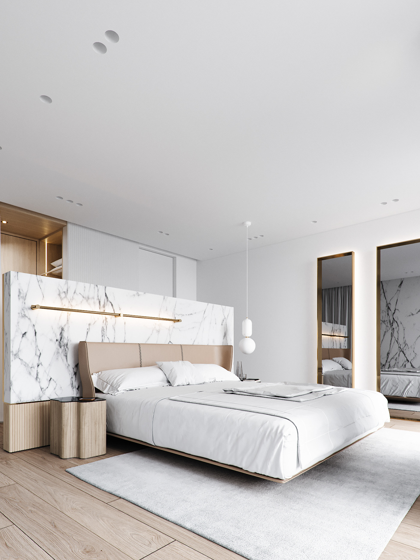 主臥室設計採用輕奢極簡的風格，簡約而高級的現代奶油輕奢風設計