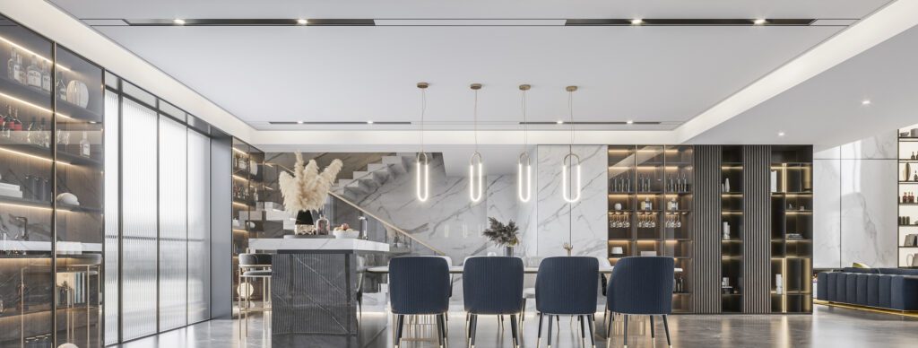 豪宅的餐廳設計中採用極其細膩優雅的冷靜美學，沒有花哨的造型，也沒有濃重的色彩僅以簡單而不失質感的空間設計就給人帶來一種寧靜高貴的視覺感受