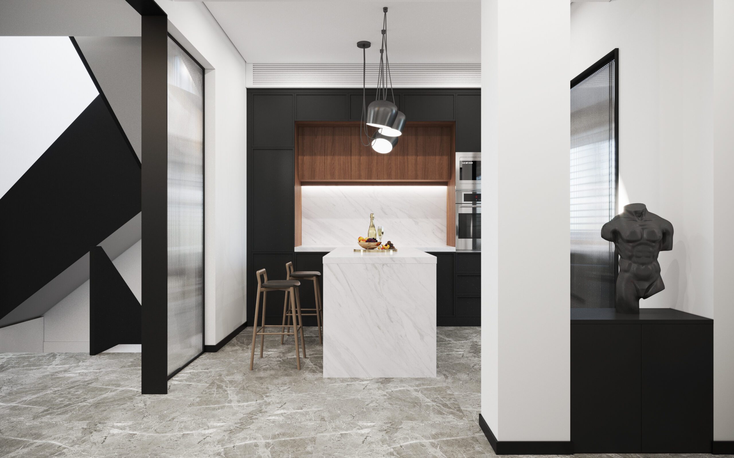 在廚房、餐廳空間中延續客廳的黑白色系，利用明暗對比將色彩完美地融入到空間中