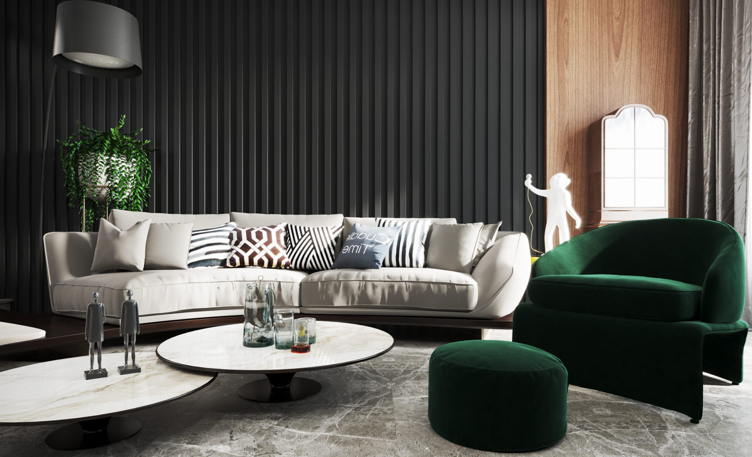黑色沙發背牆與沙發形成對比色，也增加整體層次感，顯得沉穩大器且協調