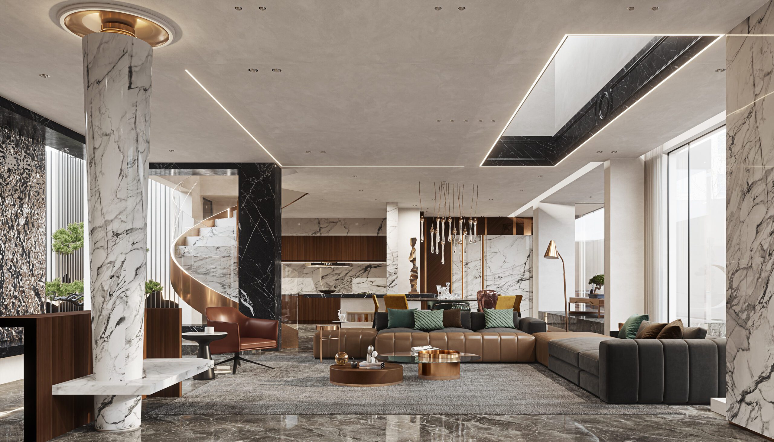豪宅客廳設計中融入豐富的元素與天然木色調、白色大理石和灰色家具混合在一起，營造出一種自然溫馨的環境