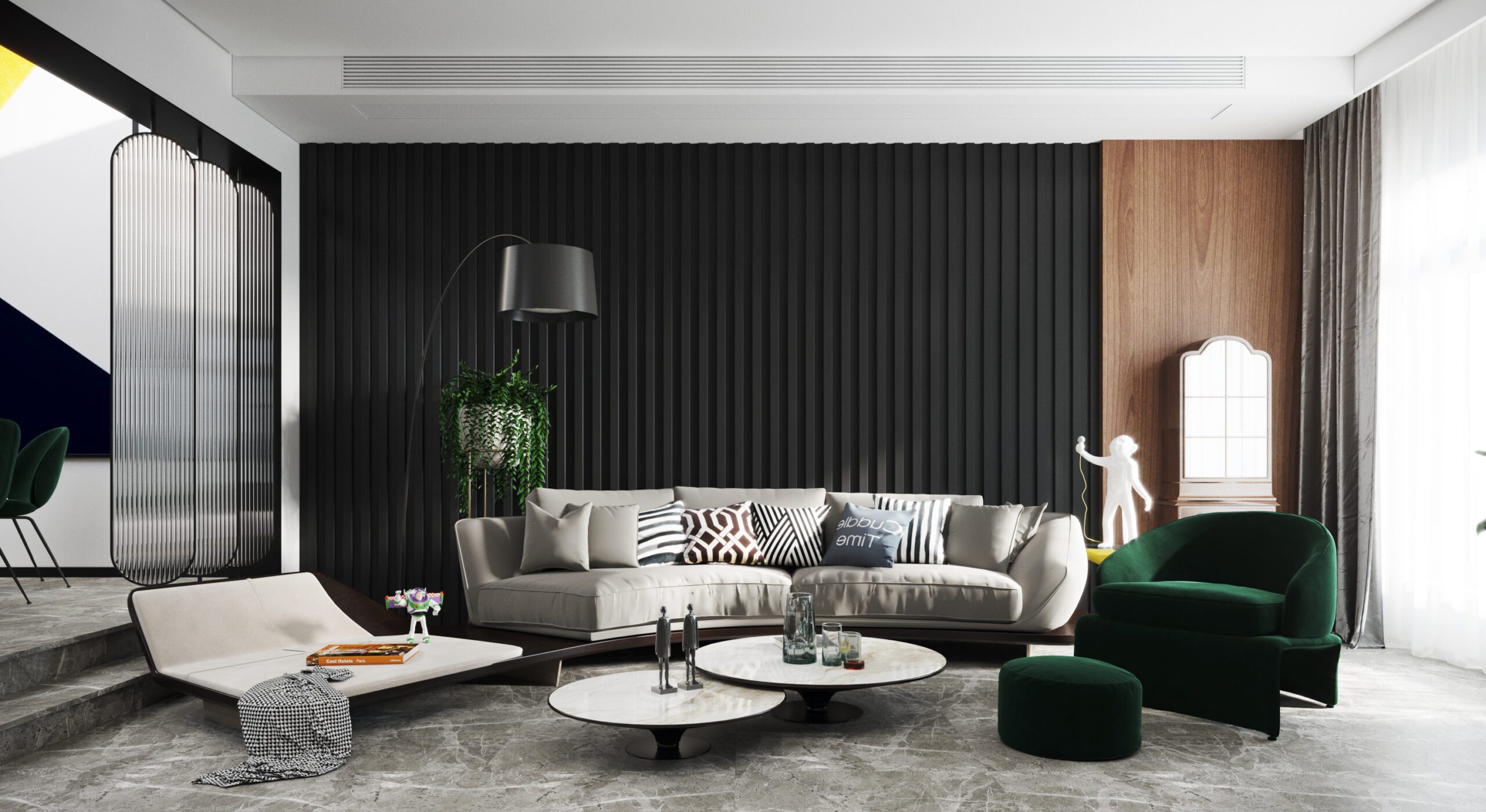 運用黑色俐落的客廳沙發背牆，簡約大氣的設計風格，與金屬線條相呼應，既現代又不失時尚感