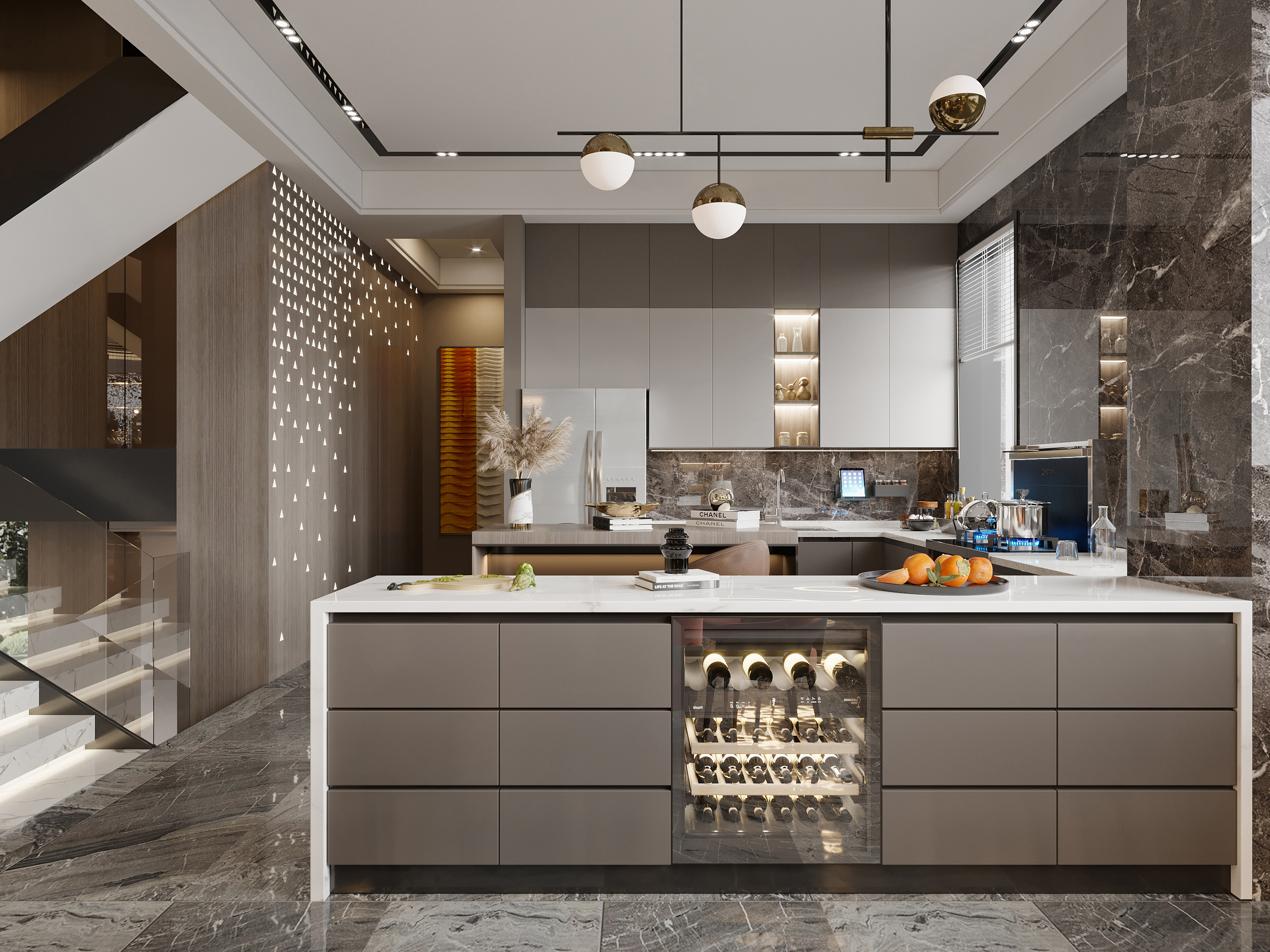 大坪數的開放式廚房設計，強烈的現代簡約風詮釋著高級質感，不僅擁有高顏值，還可作為操作區、儲物區、水吧台