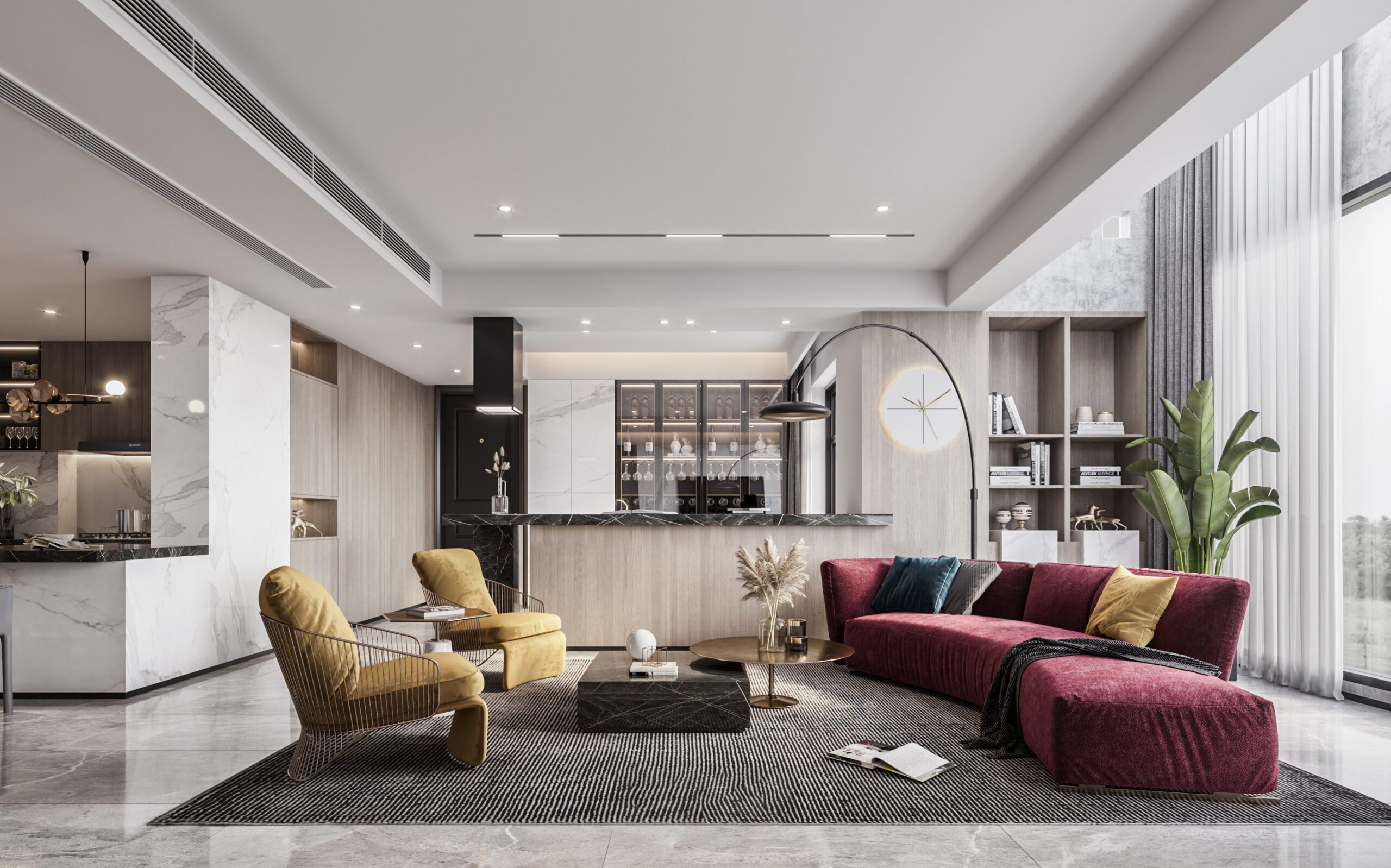 大坪數豪宅設計將休閒區與客廳相結合的設計，讓視野更加開闊通透，造型獨特的單椅穿插其中，處處都透著對生活品質的追求