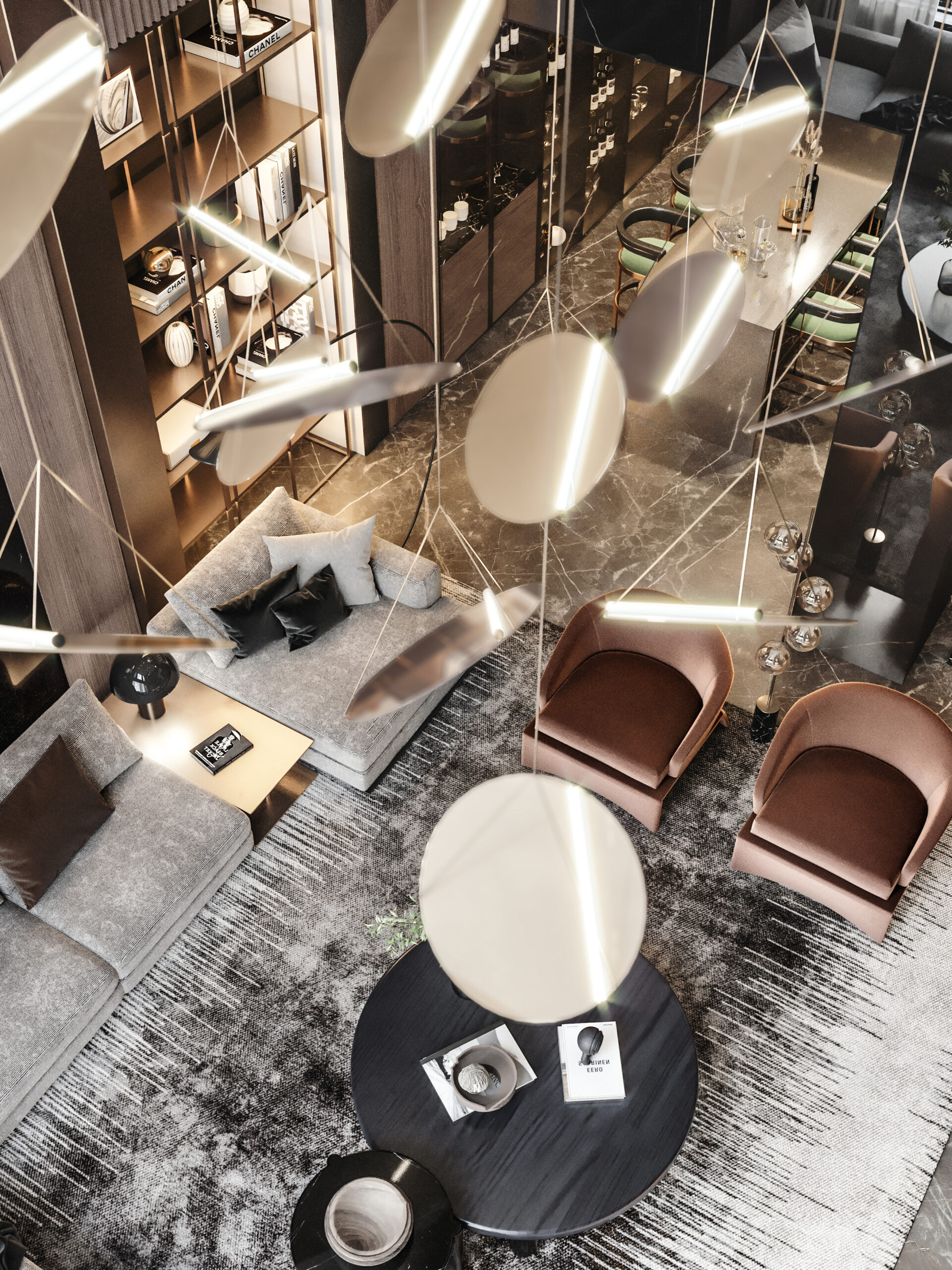 客廳部分為挑高的設計，簡繁交替，開闊空間設計；線條狀的現代吊燈，別有一番特色