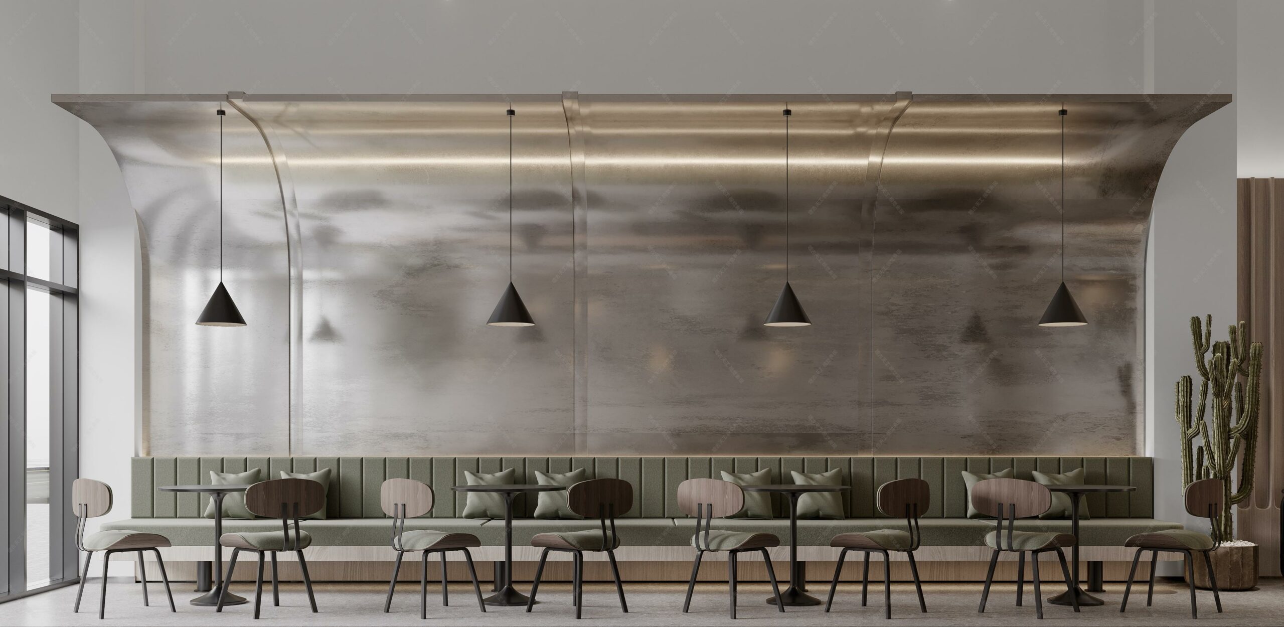咖啡廳以工業簡約風格為主，整體簡單乾淨的同時使用原木桌椅增加了空間的氛圍及柔和感