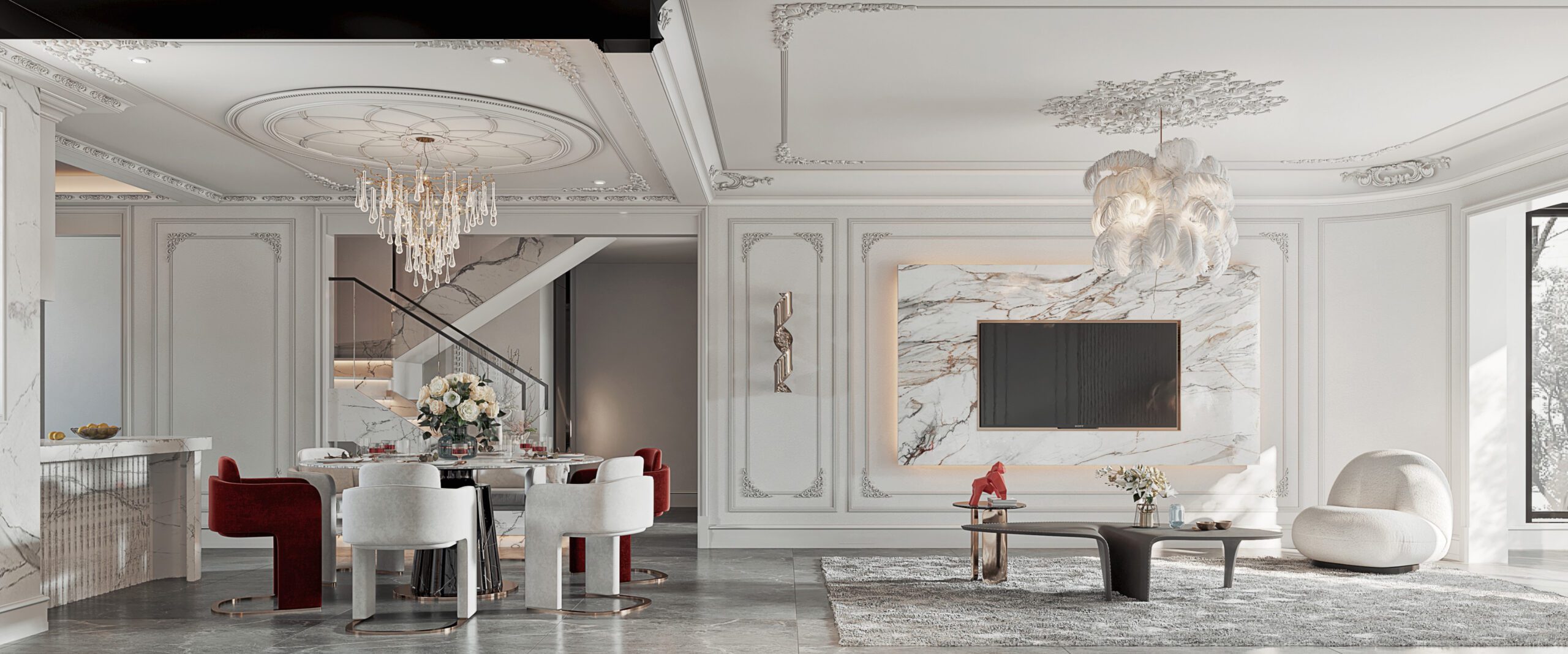獨棟別墅設計的客廳以現代輕法式展現出溫柔浪漫