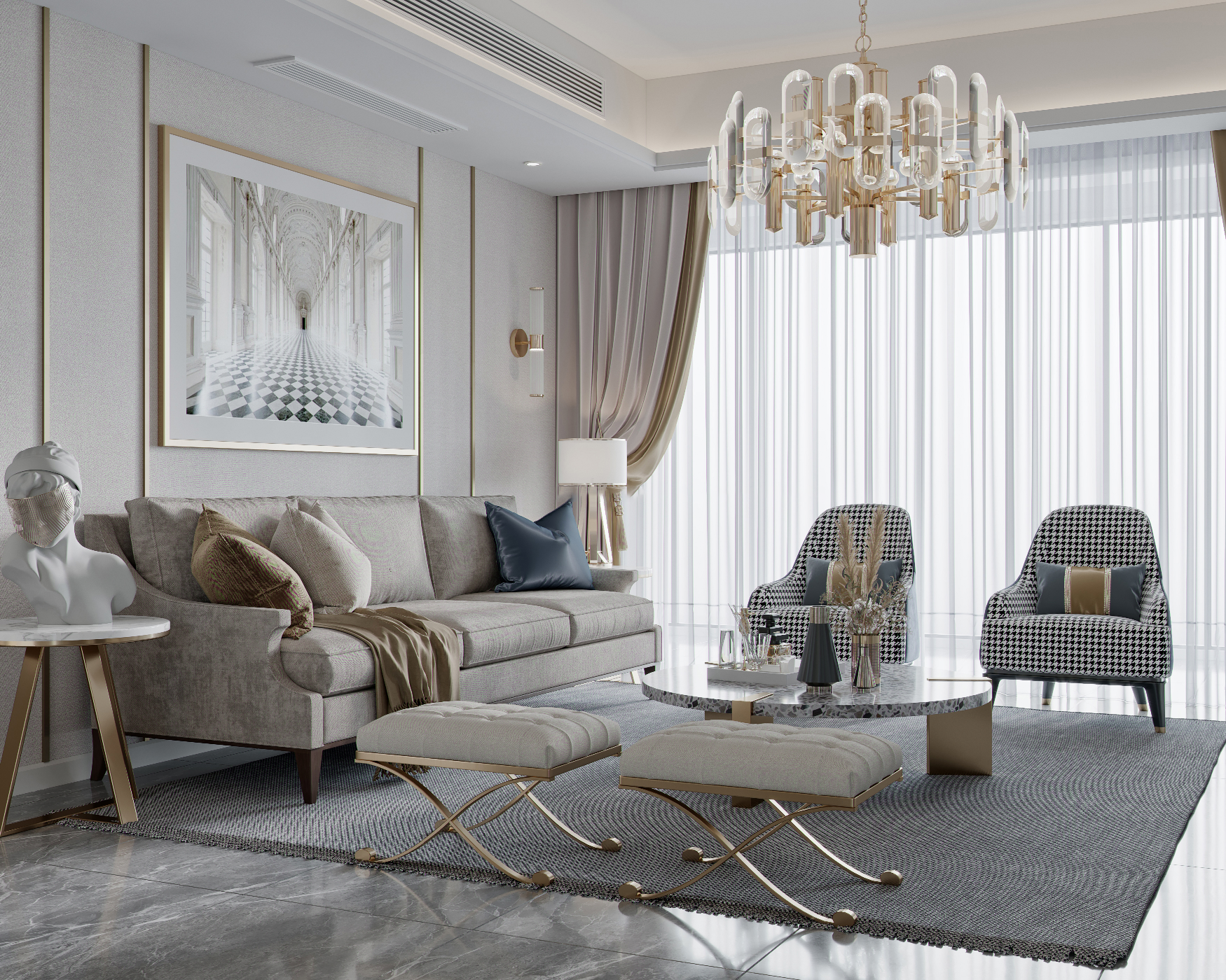 輕奢風的客廳設計中使用金屬元素覆蓋整個空問，精巧細緻的紋理細節給予室內高級而優雅的格調