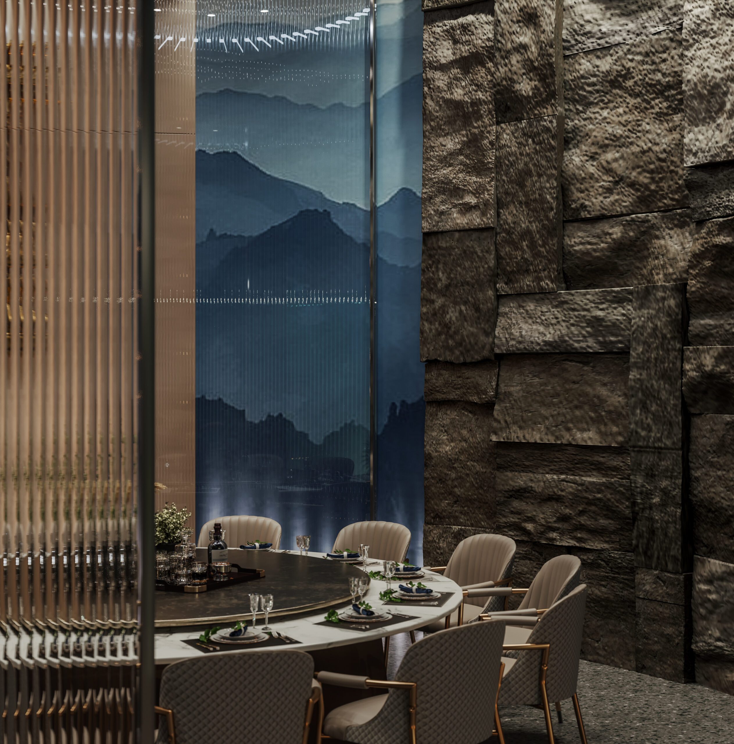 餐廳牆面採用粗曠的質感營造出強大的壁面視覺張力