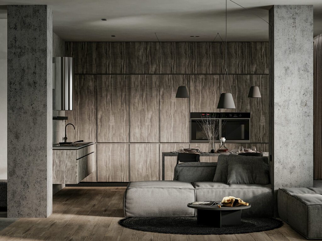 工業風客廳設計展現返璞歸真的自由，用材質真實的機理和質感，來體現不被定義的生活理念