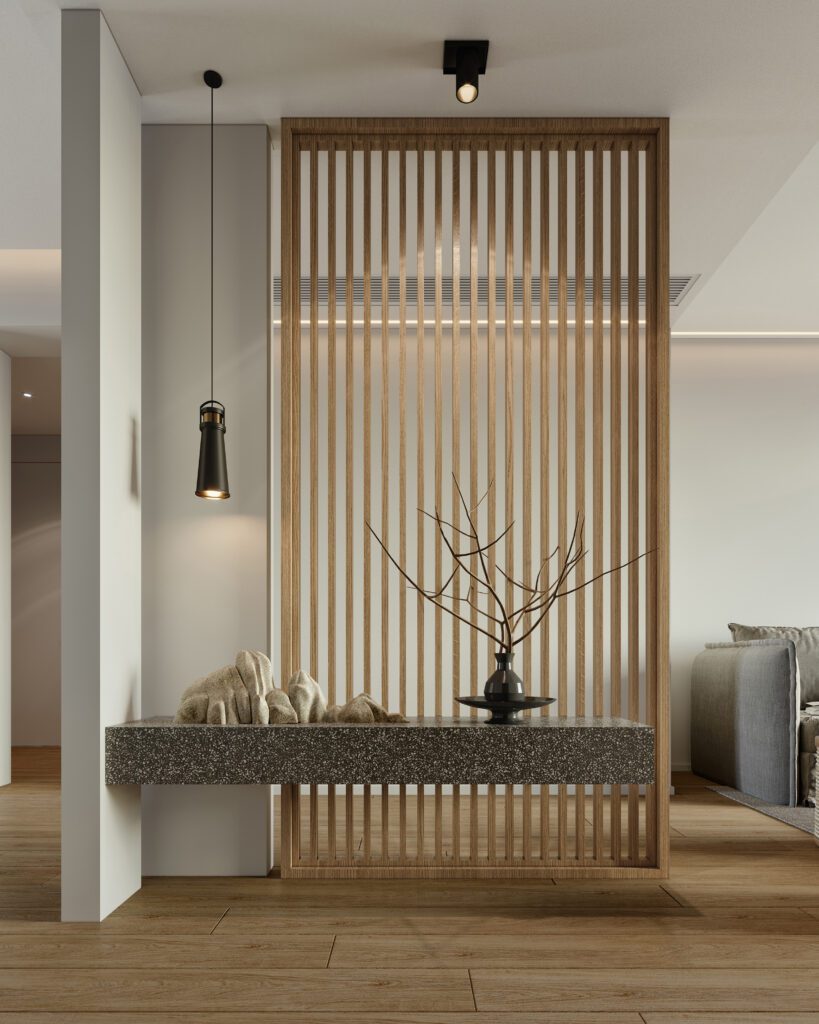 格柵門設計光與影的交織，隔而不斷，滿足不同光線的需求，造就屬於家裡的光影藝木