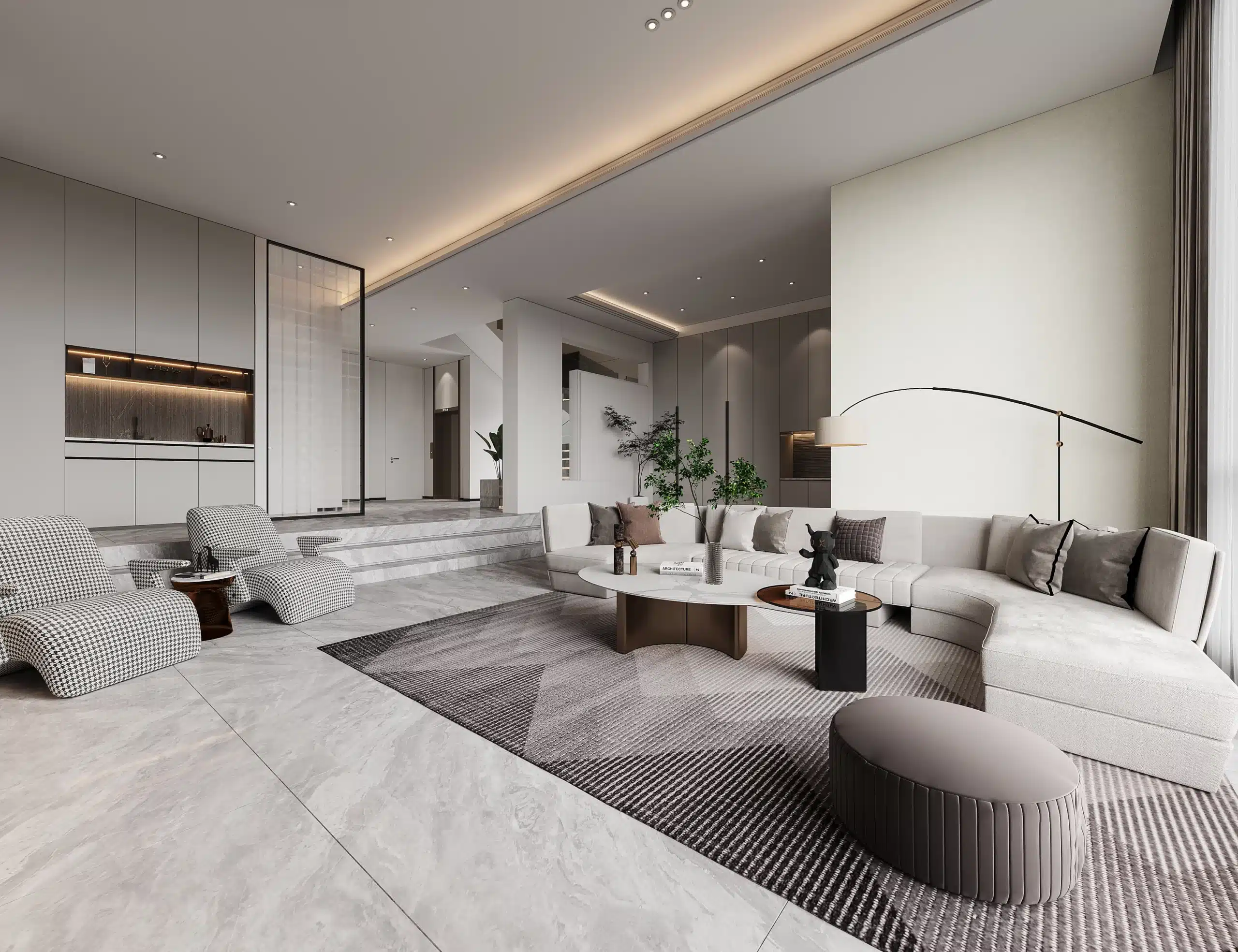 豪宅客廳光影設計示範，大面積落地窗引進自然採光，搭配室內無主燈設計與智能間接照明層次。