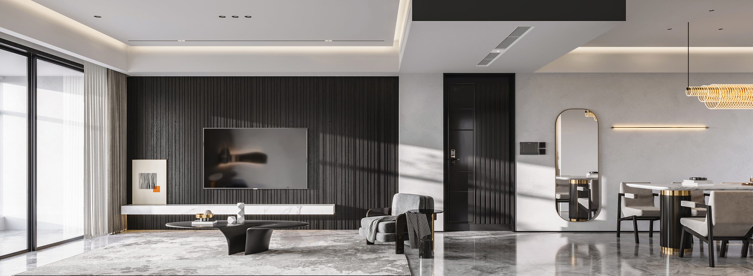 以黑白灰三個顏色為主要元素，讓空間展現出和諧感，同時將電視櫃以隱藏門的方式設計，增加與多收納空間