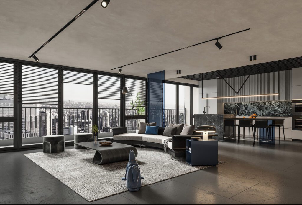 全開放式格局規劃讓空間更敞亮舒適，搭配輕奢質感的家居、飾面，空間舒爽通透乾淨有層次