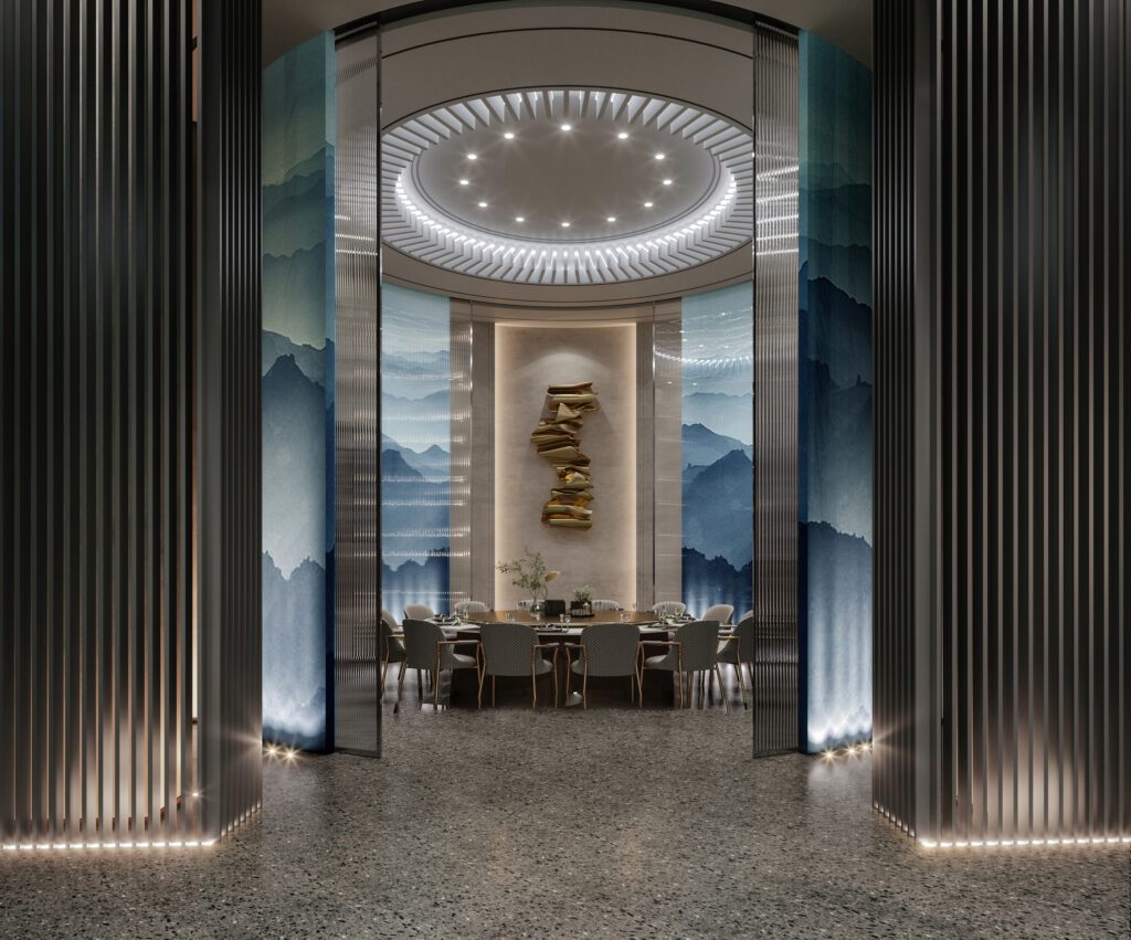 招待會所的空間注重整體層次感，以圓桌延伸出的空間，給人氣勢磅礡的感受