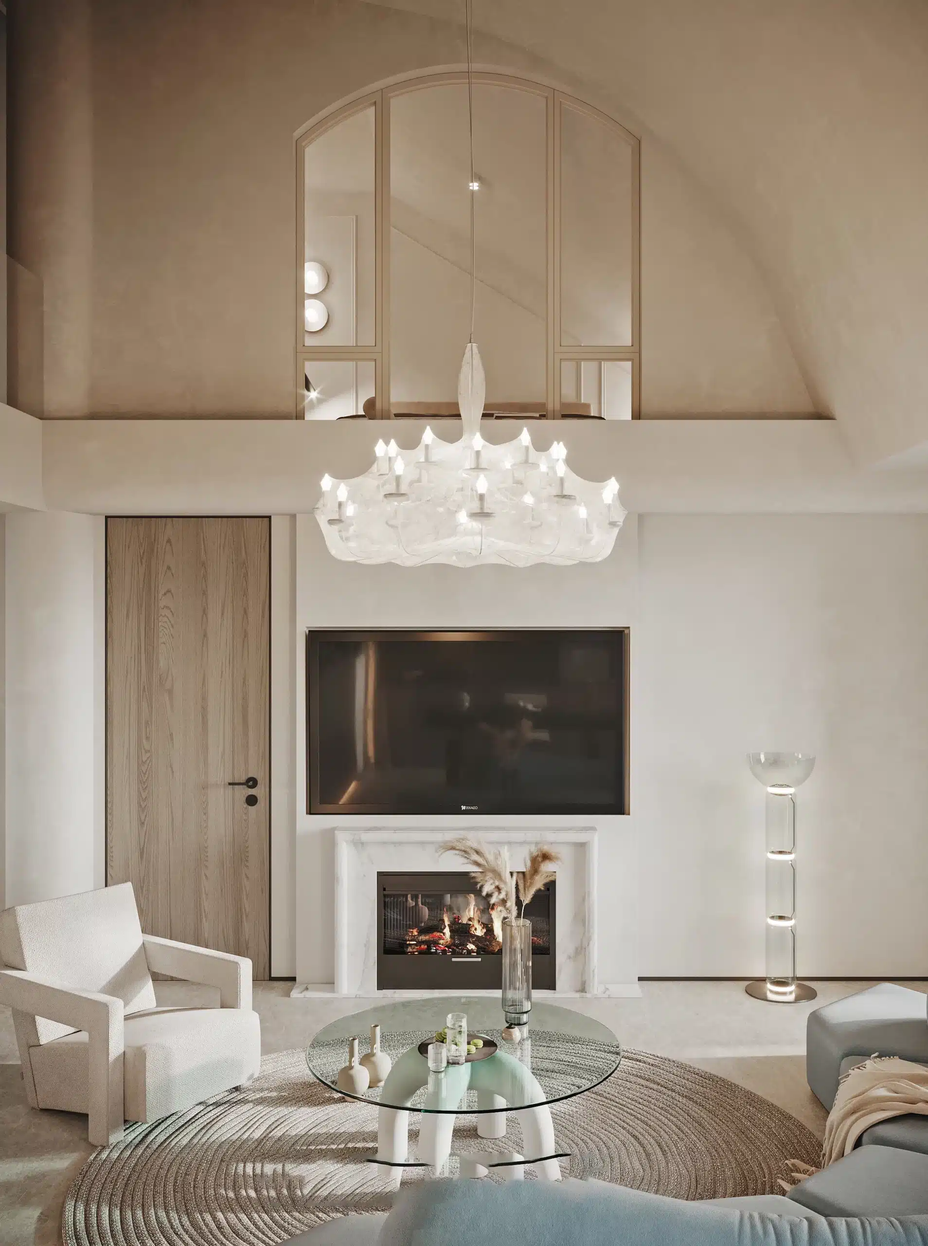 恢弘尺度的豪宅大客廳設計，利用挑高格局優勢與弧形天花板造型修飾樑柱，創造極致開闊的視野感。