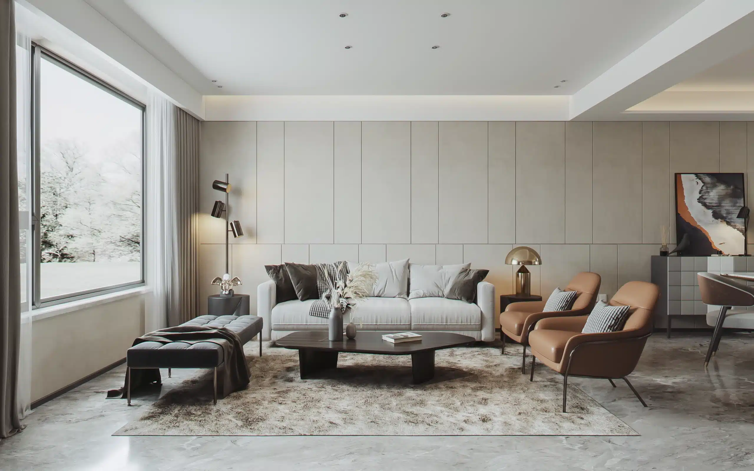 大坪數豪宅客廳配置進口模組沙發與設計師單椅，展現完美空間比例。