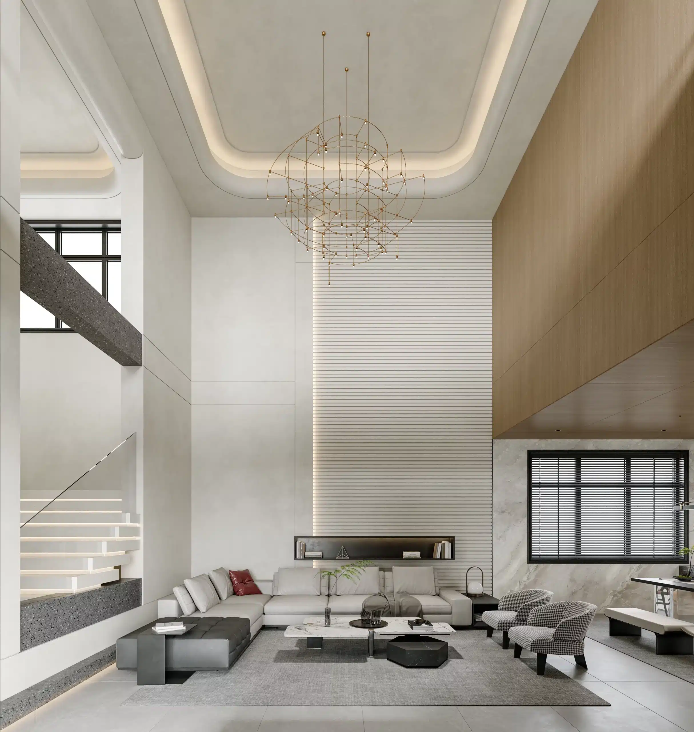 2026年現代豪宅客廳設計，展示隱奢風格與大坪數空間的氣度。