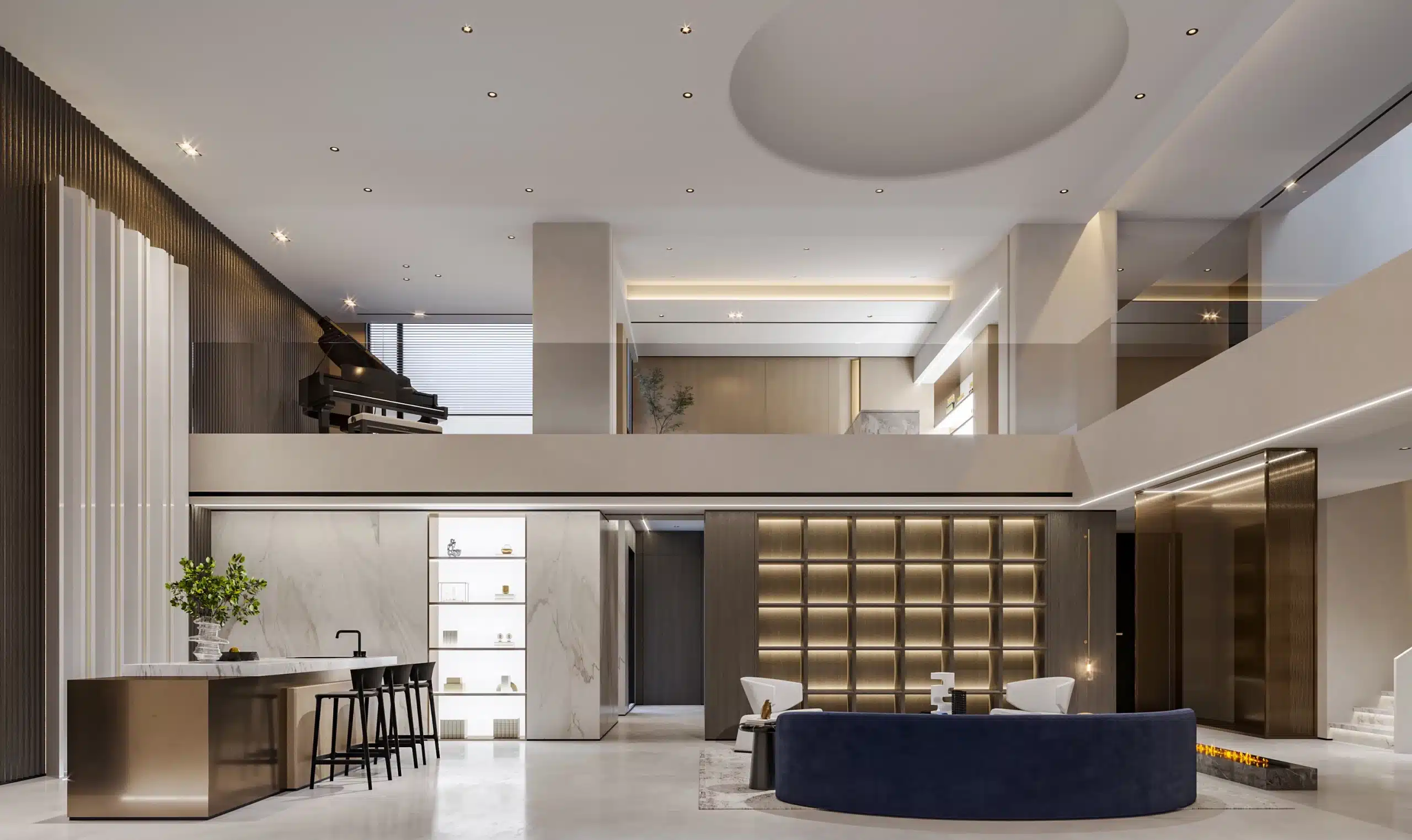 豪宅 LDK 一體化開放式格局圖，展示中島吧台與客廳社交區的連結。