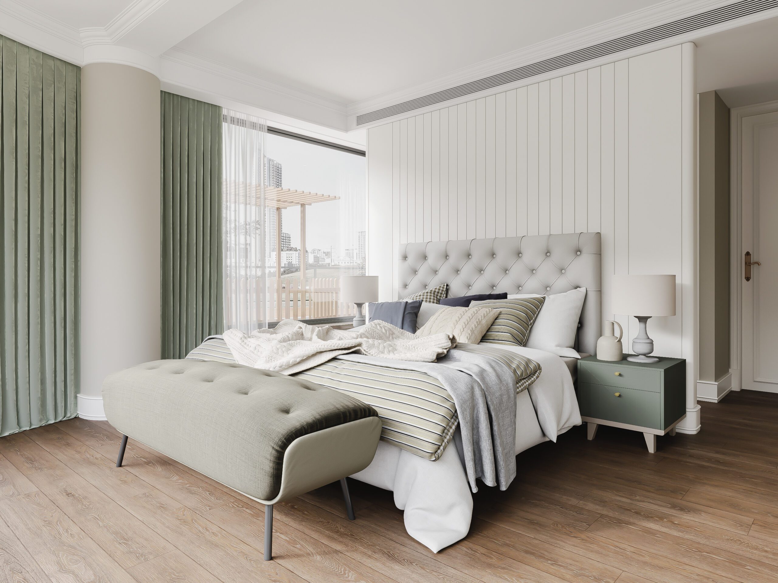 主臥室設計採用清新的綠色為主，搭配上落地窗的設計，在家也像是在度假般的享受