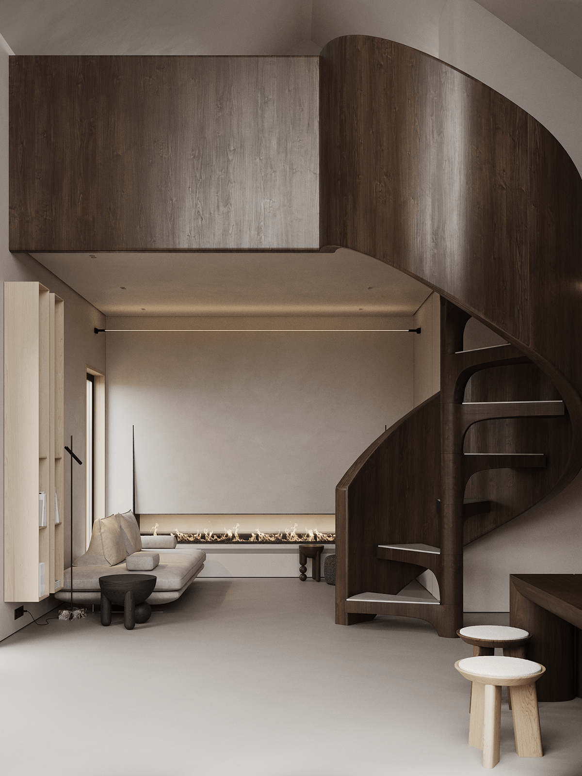 原木旋轉樓梯成為整個樓中樓的重點之一，開放式的空間讓光線可以輕鬆貫穿整個空間