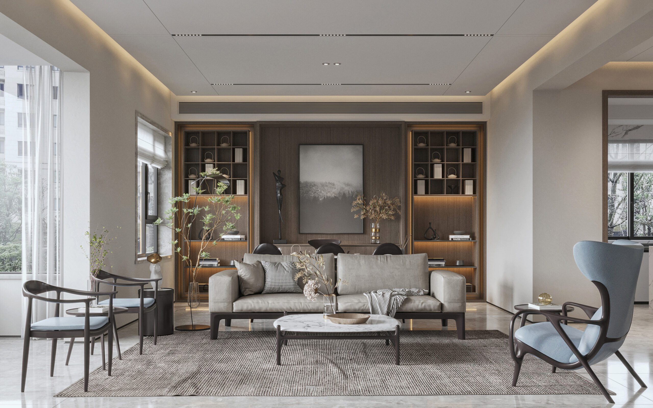新中式客廳設計佈置簡單，營造了古色古香氛圍，賦予了空間一份悠閒和寧靜而精緻