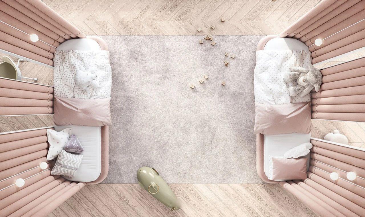 兩張床是以相對的形式設計，讓睡覺空間獨立出來，形成一個睡覺專屬空間，而中間的位置也可以提供孩子們嬉戲