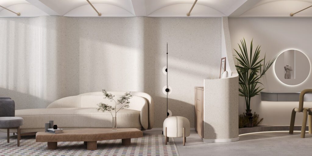 醫療診所裝潢風格示意圖，奶油色系醫美空間設計