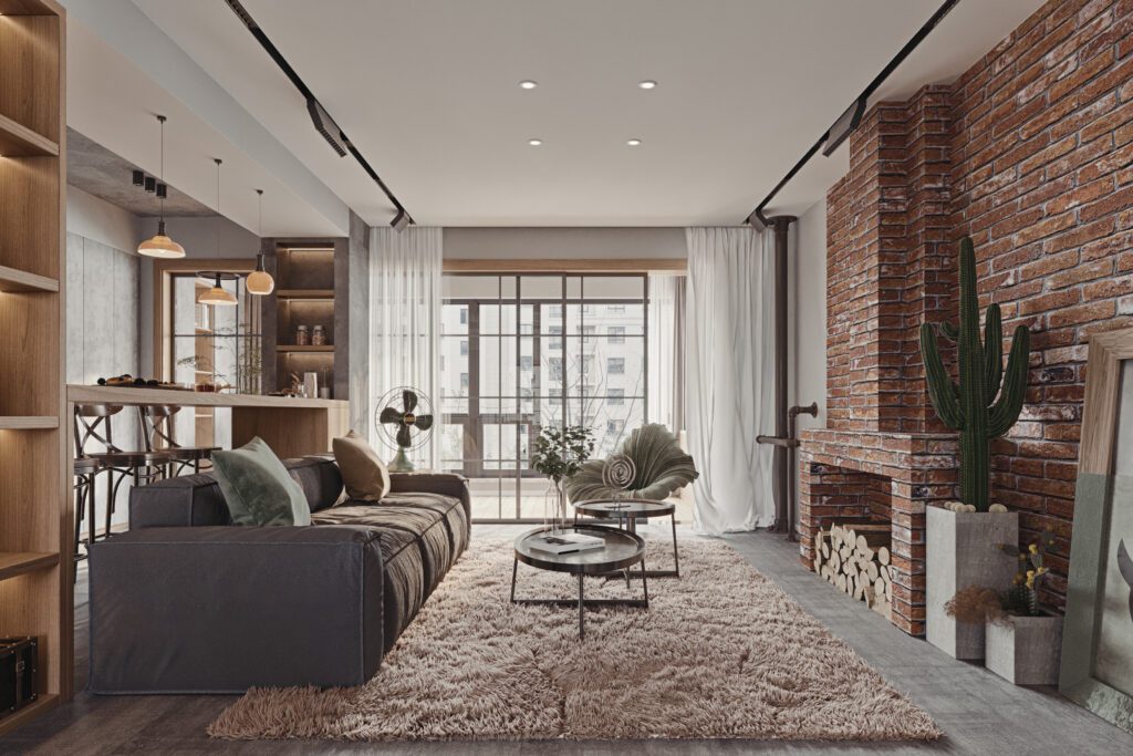 簡約工業風空間設計分享圖，磚牆客廳
