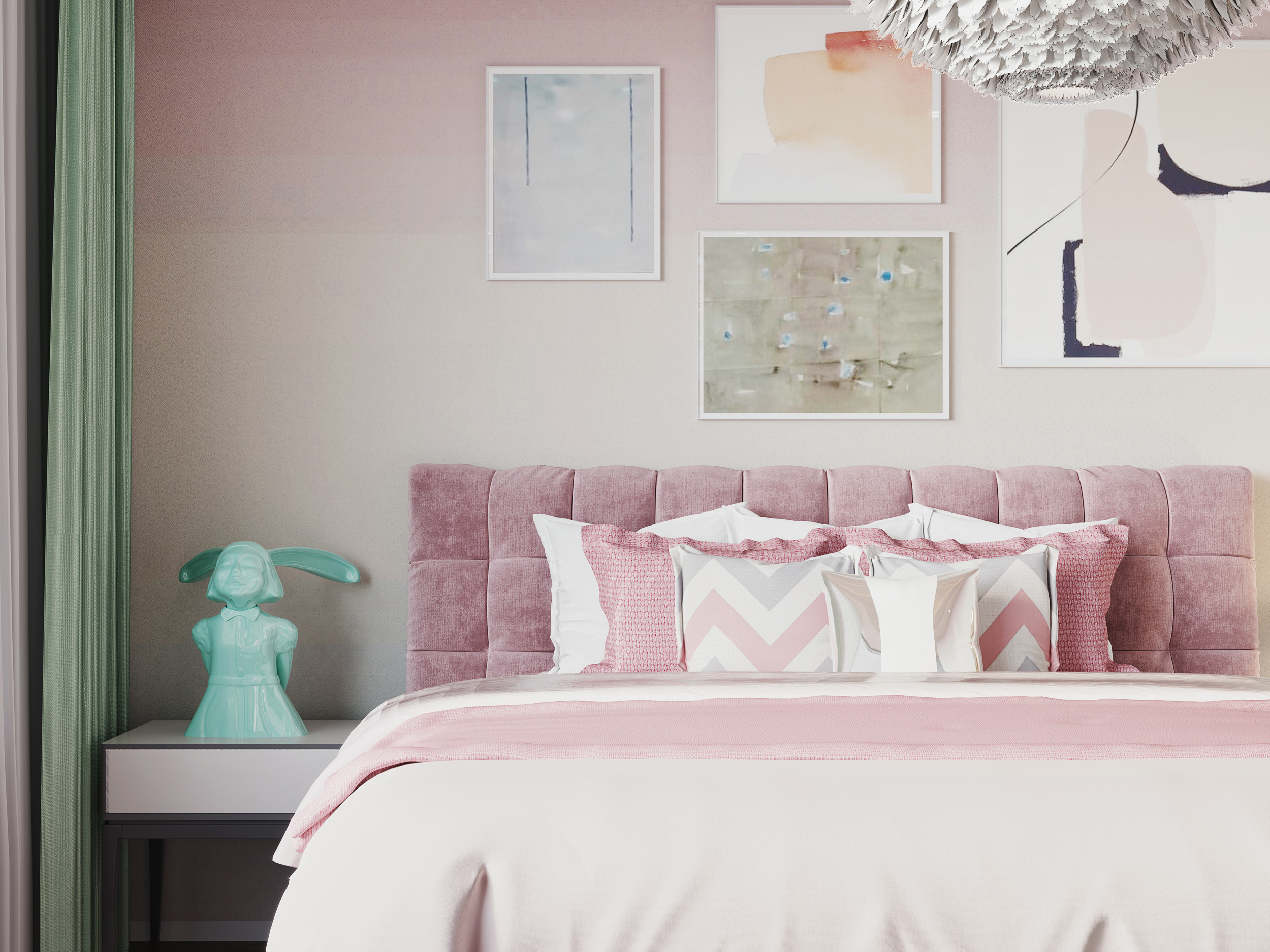 女孩房的設計以粉色為主色，不同濃度的粉色讓空間中多了一份層次感