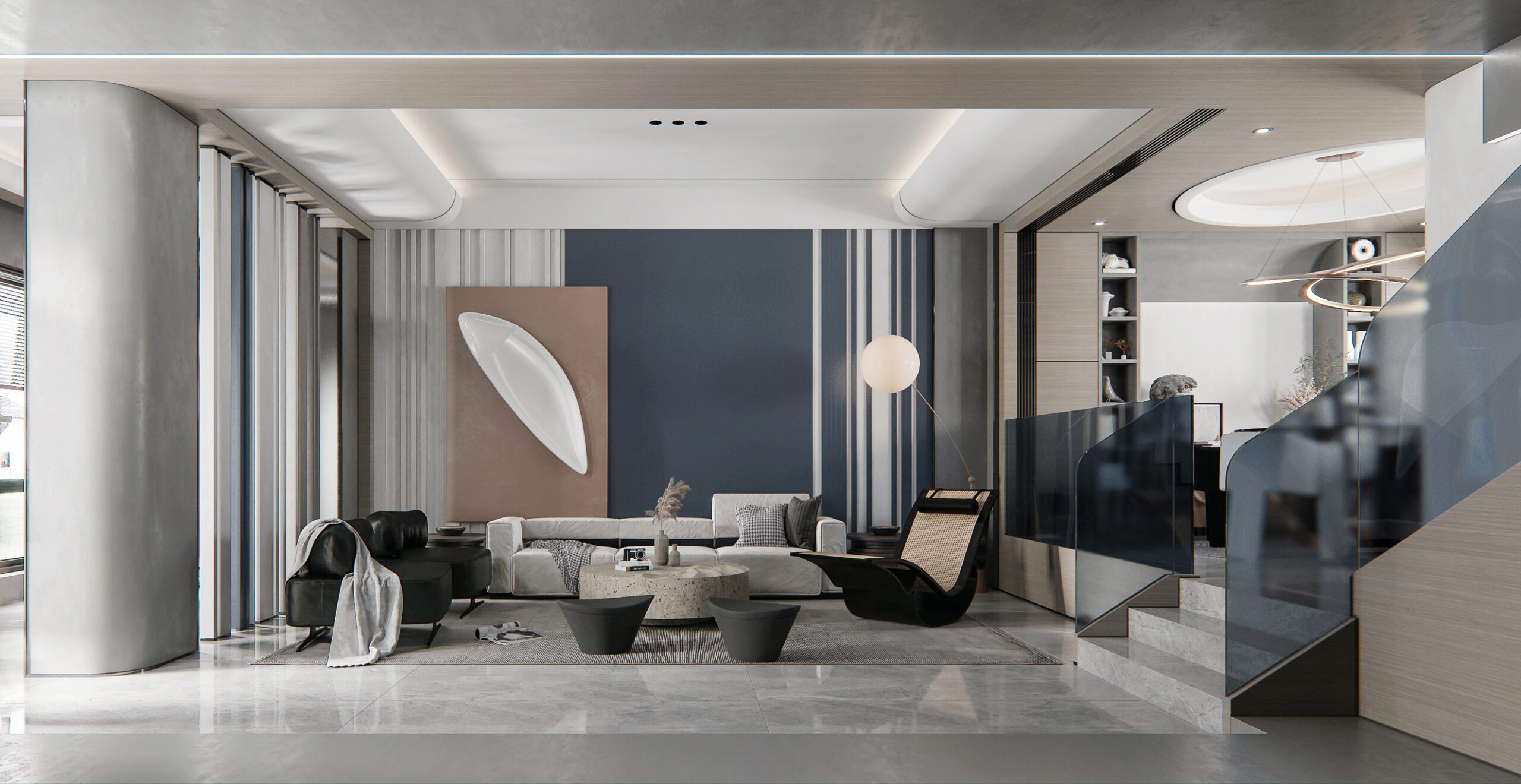 樓中樓的客廳設計中採用灰色搭配莫蘭迪色，達到低調的高級感