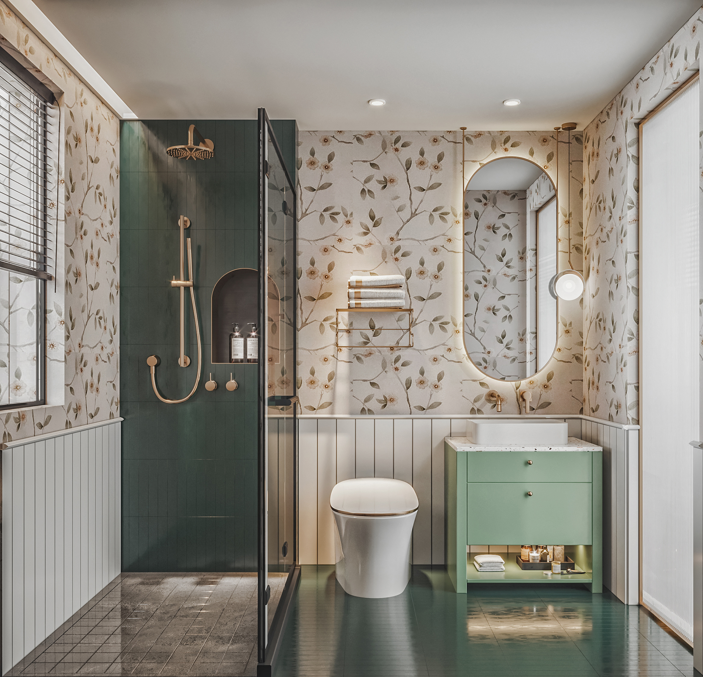 美式、法式、現代風格的彙整，以綠色為主題發展出帶有點鄉村風的浴室設計