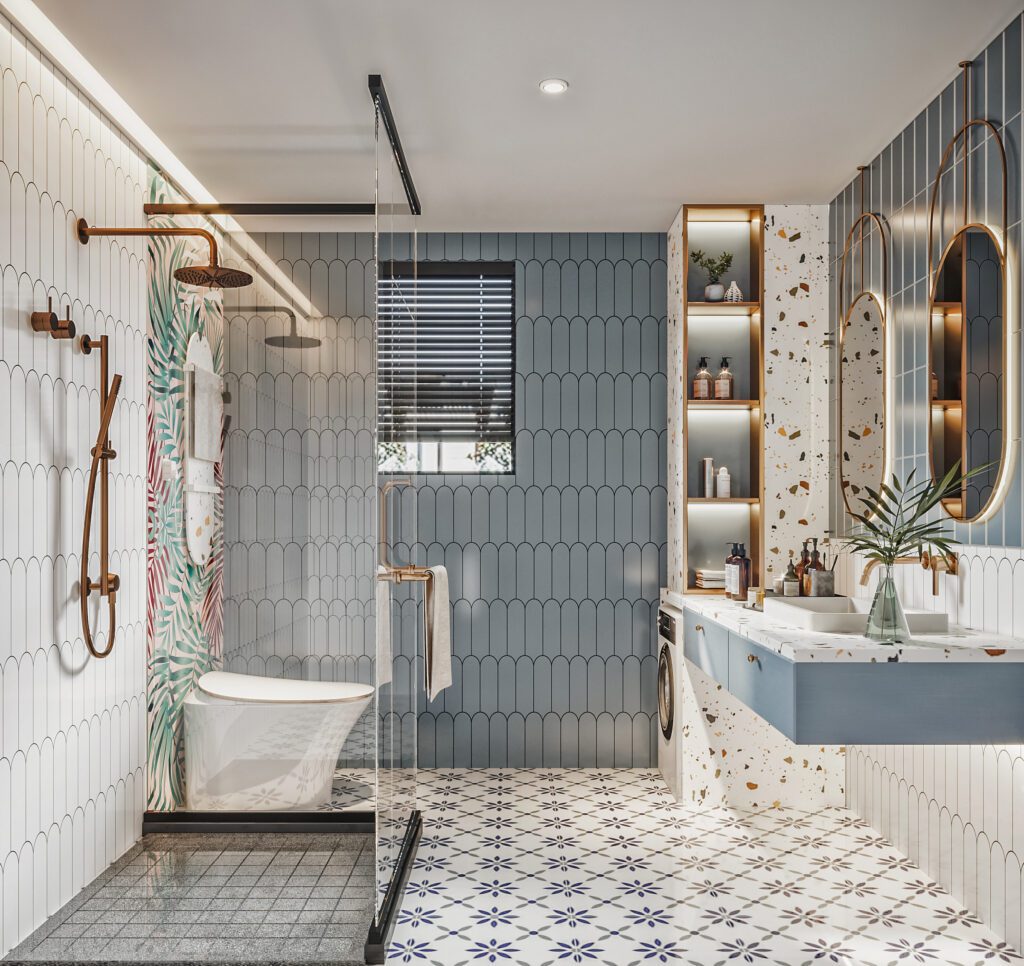 利用藍色為主色調，搭配上花磚與水磨石互相搭配的典雅浴室