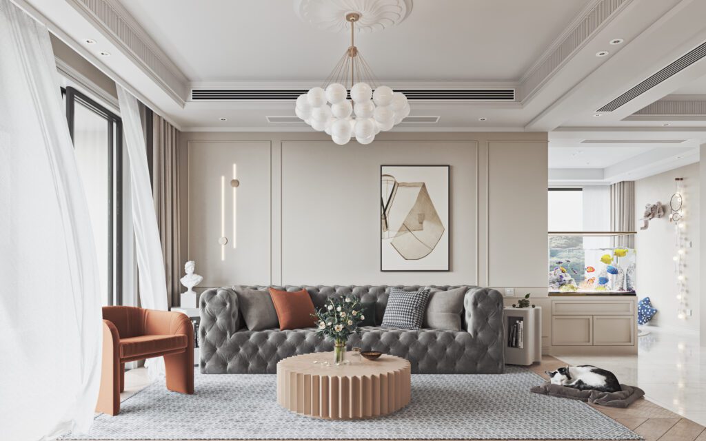 在美式風格中硬裝使用大量的奶白色，在軟裝沙發特別選擇霧灰色的客廳