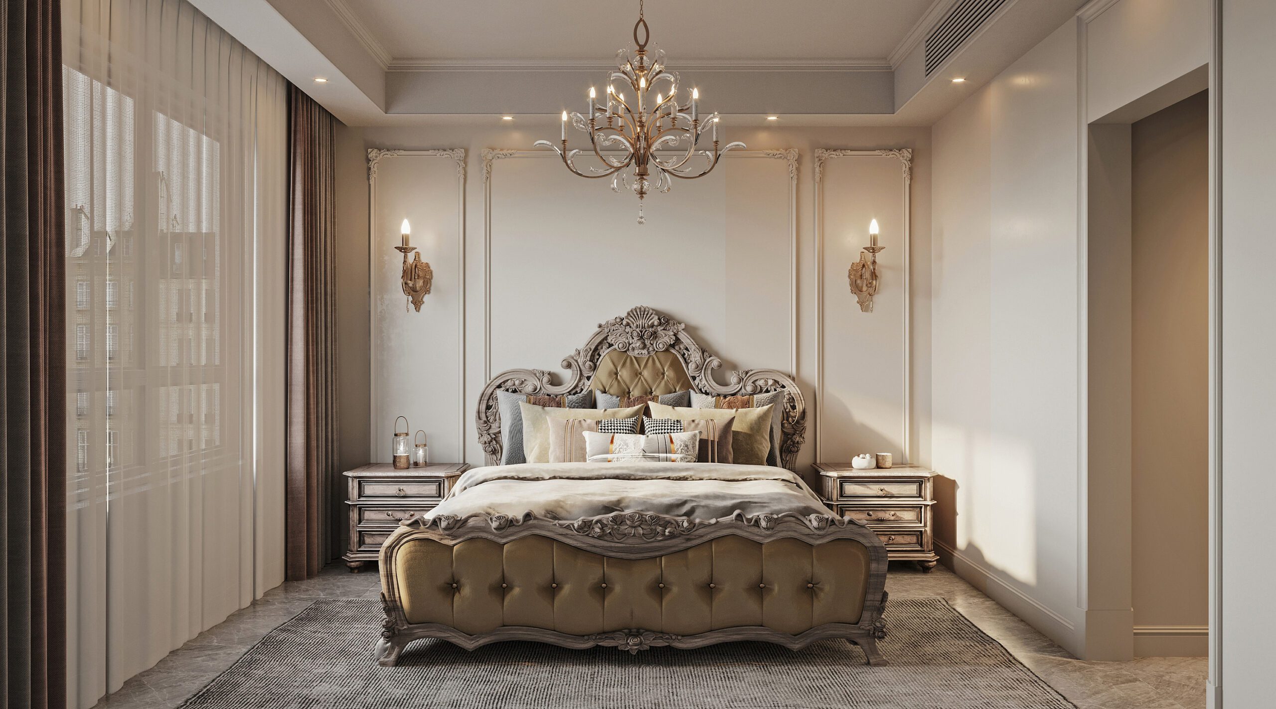 臥室設計展現出與復古美式結合的設計效果，主要以床框、燈具去展現美式空間的效果