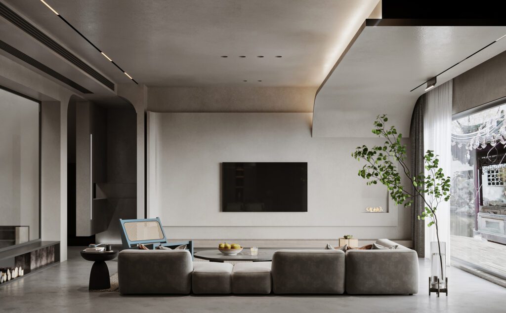 加入燈條形成錯落的層次，侘寂風電視牆設計結合天花板形成連續性的造型設計