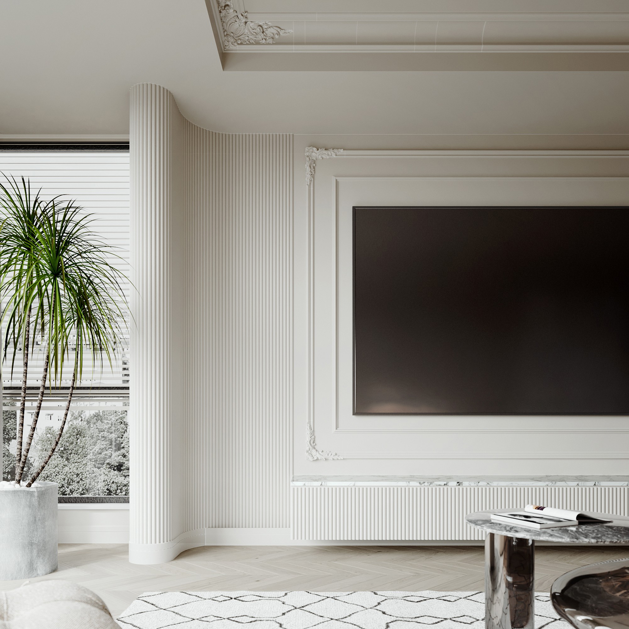 法式電視牆設計以乾淨的色彩搭配簡約造型，強調出空間的典雅氣質
