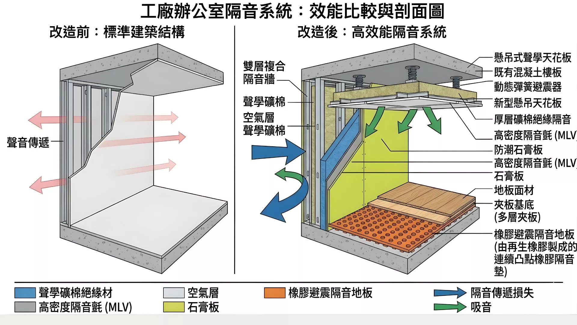 廠房辦公室隔音工程示意,雙層複合隔音牆體搭配懸吊式天花板與橡膠避震地板,展現廠辦完整隔音系統的工法邏輯