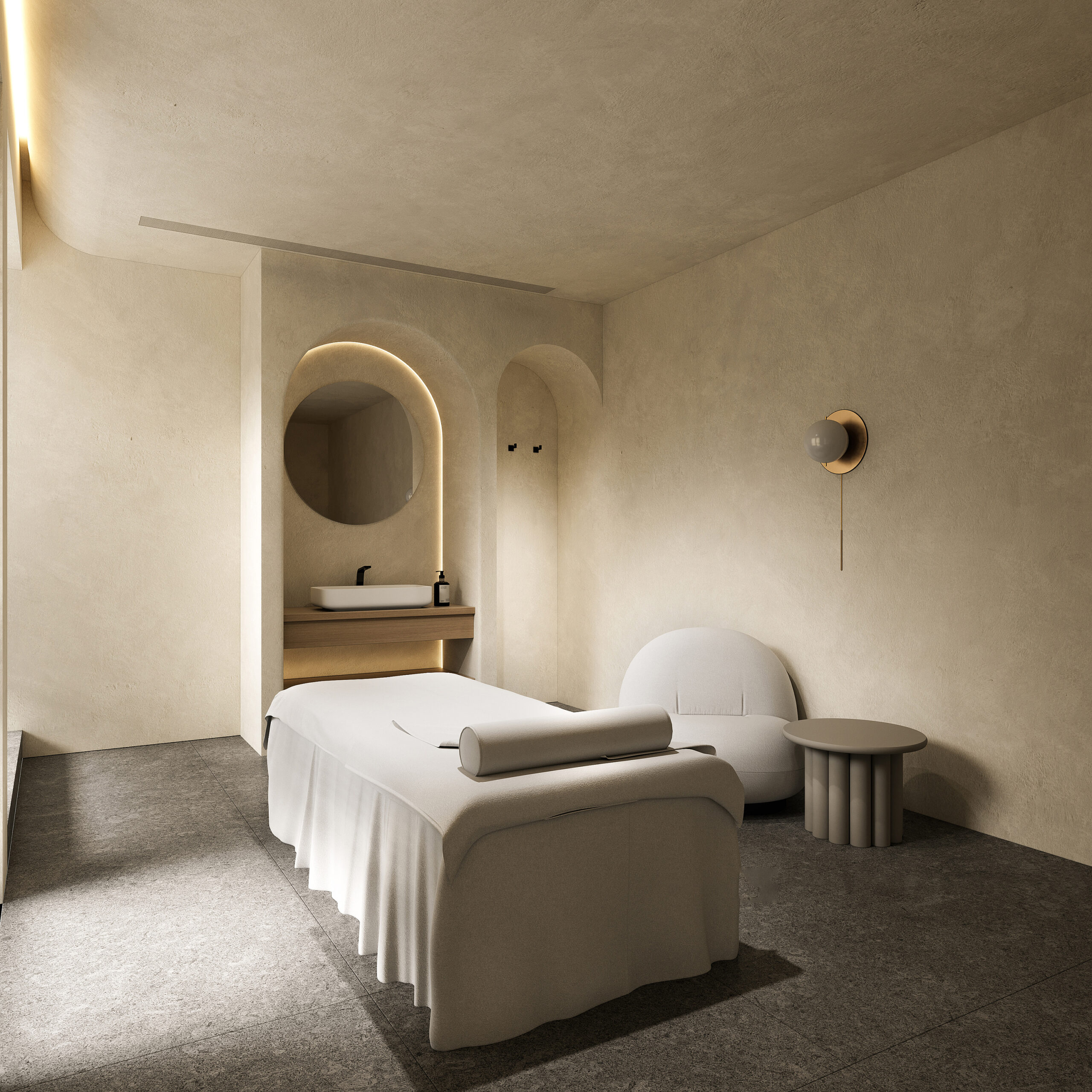 侘寂風的室內設計打造出專府慵懶的空間美學，讓客戶在這個空間舒服地進行皮膚管理