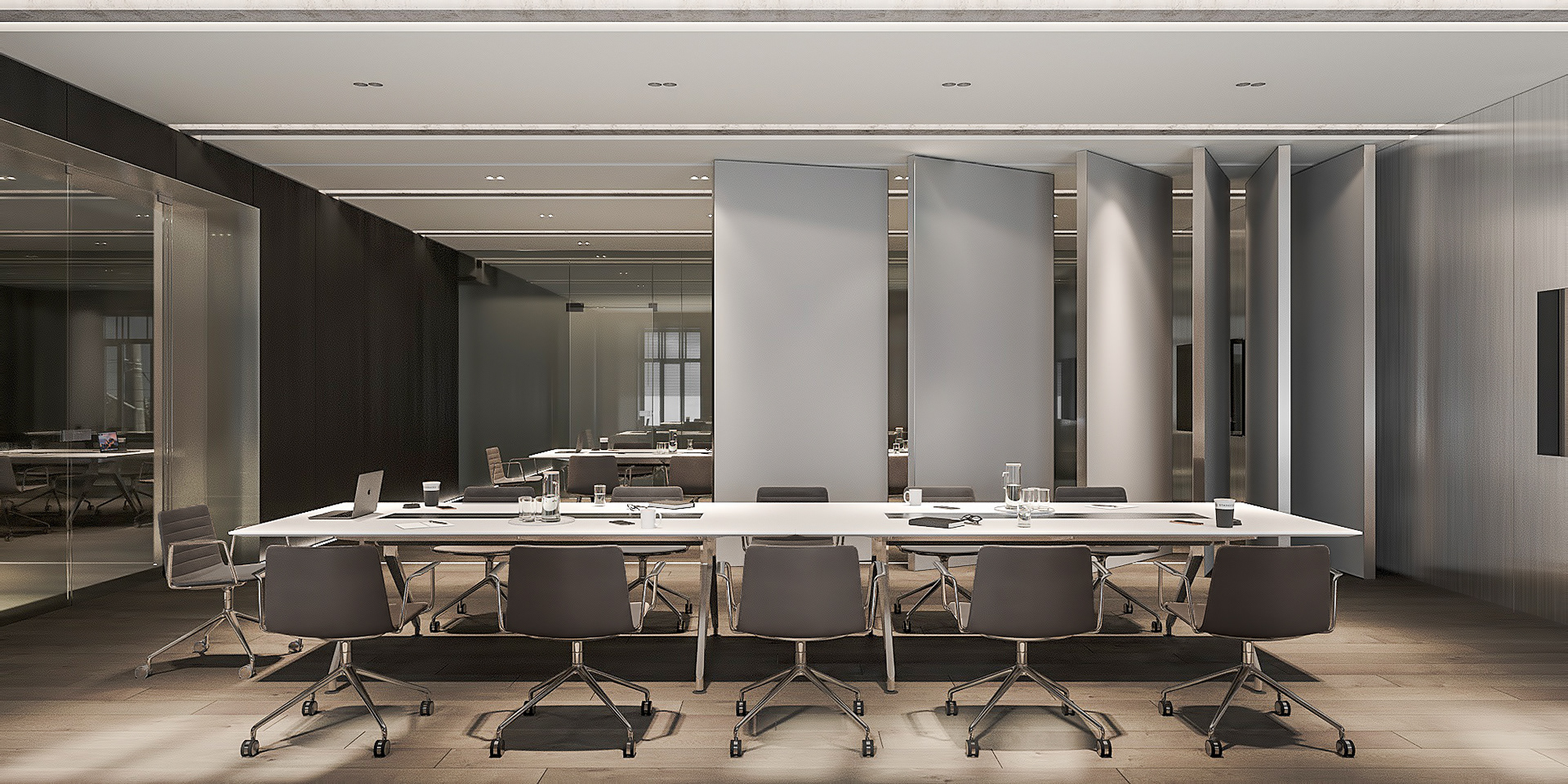 將會議室的隔間牆打開後可以形成更大的會議空間