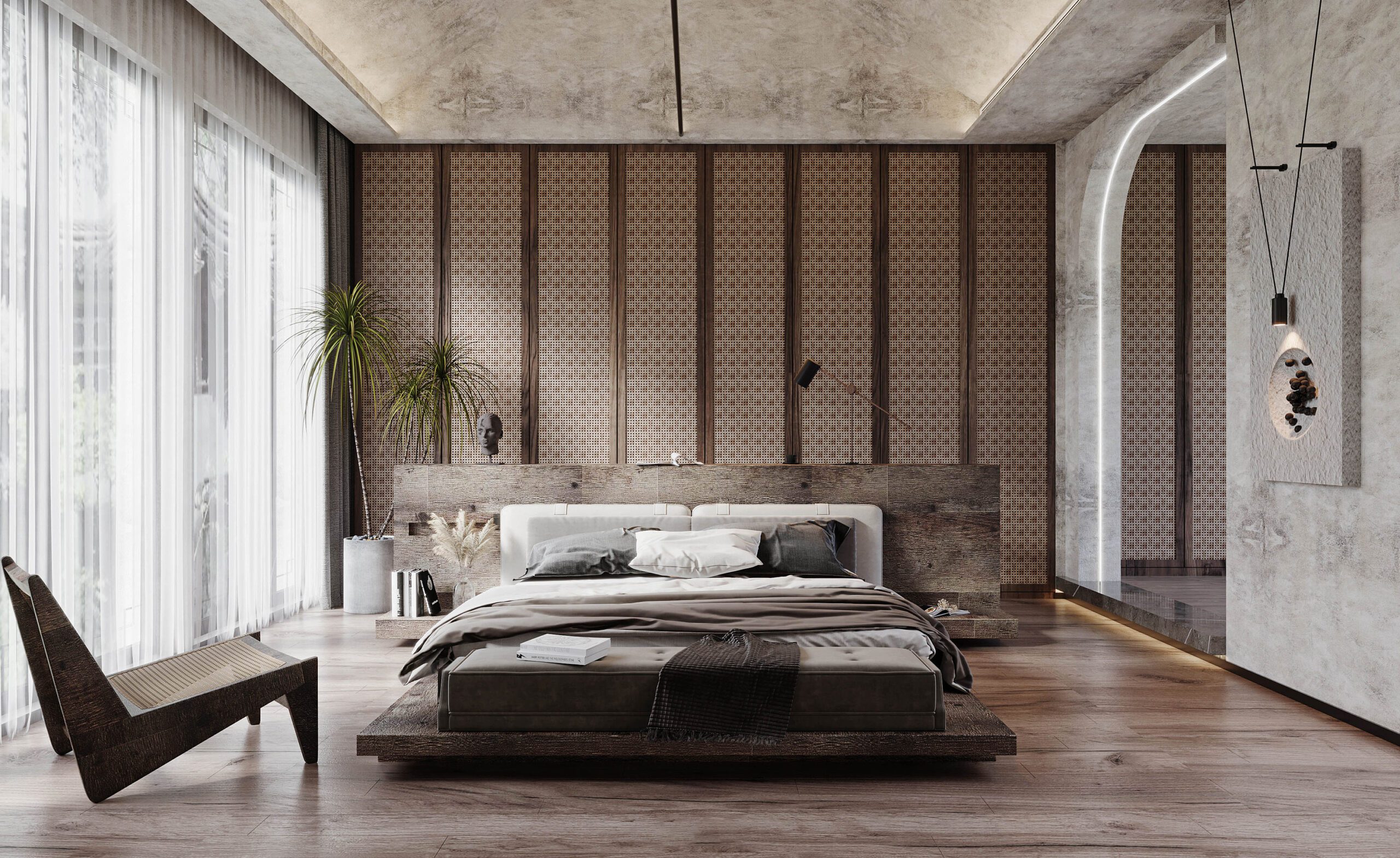 臥室設計採用藤編與舊感原木為主要設計，這樣的搭配讓空間更加穩重，在休息時也會更加踏實