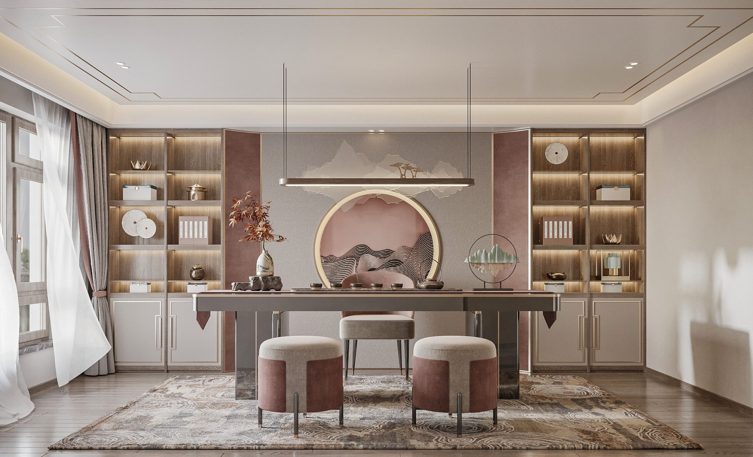 打破常規的新中式室內設計，在茶室空間將粉色元素加入其中，凸顯出女性優雅柔軟的特色