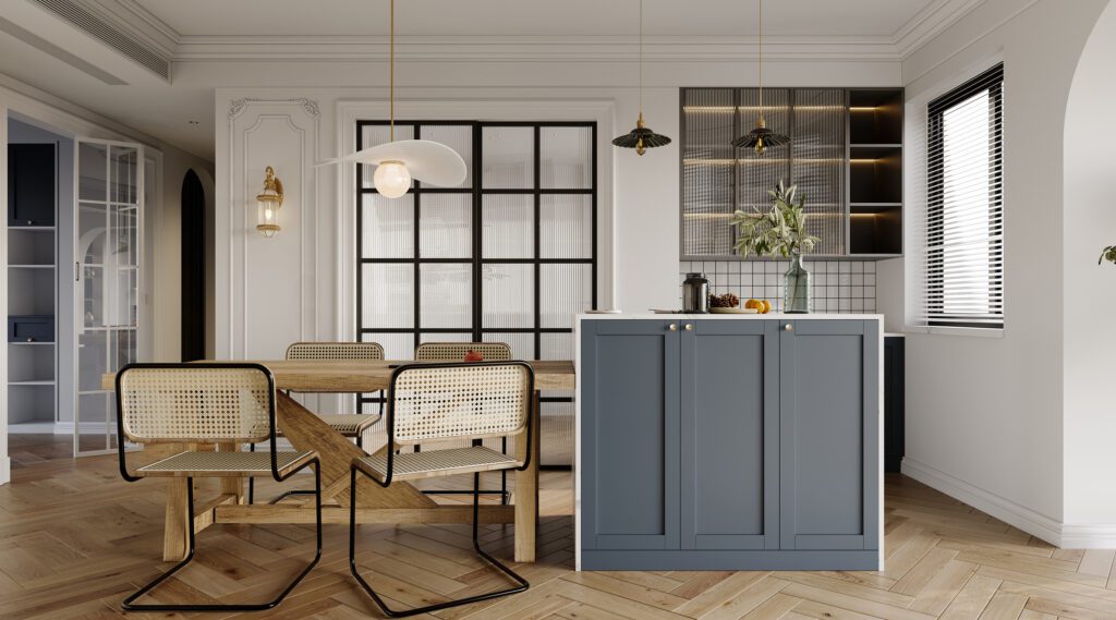 廚房設計風格分享圖，藍色廚櫃搭配原木餐桌椅的廚房空間